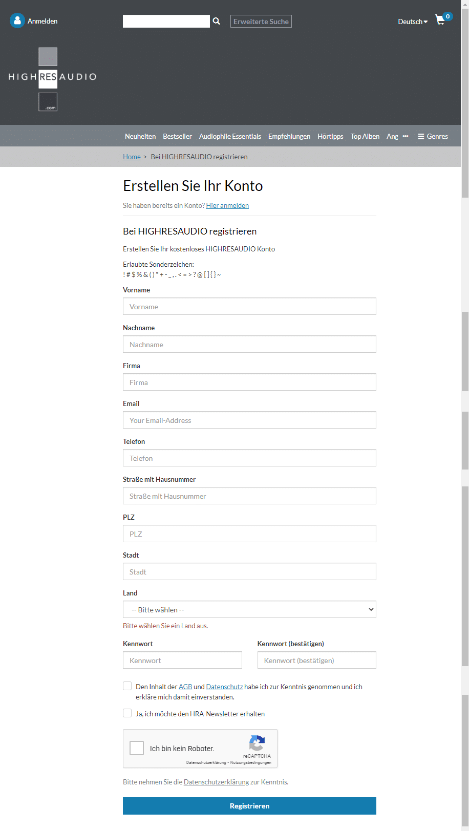 HIGHRESAUDIO Benutzer registrieren